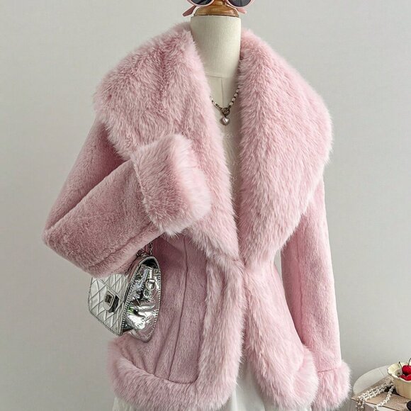 Baby Pink Casual Women's Faux Fur Coat - Picture 7 of 8